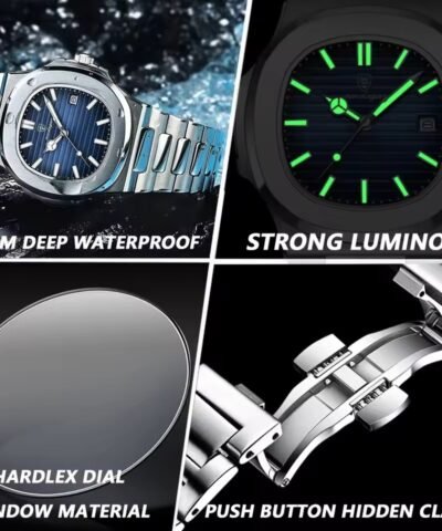 Montre d'affaires de luxe en acier lumineux carré à quartz et cristal